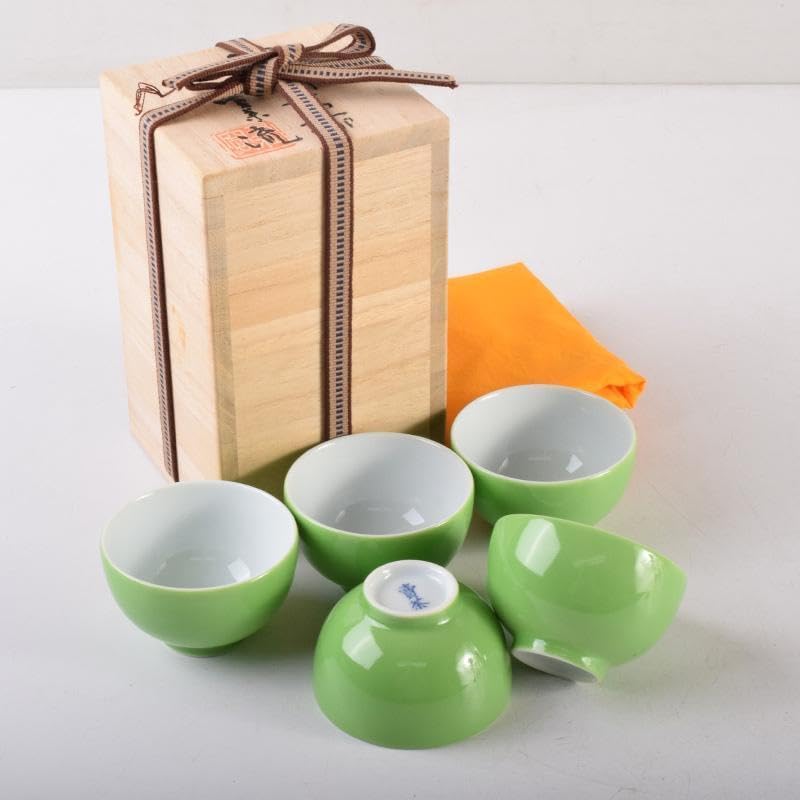 煎茶道具　賣茶流　黄緑釉　祝壽茶碗　五客　共布共箱　V　7978 煎茶道具 賣茶流 黄緑釉 祝壽茶碗 五客 共布共箱 V